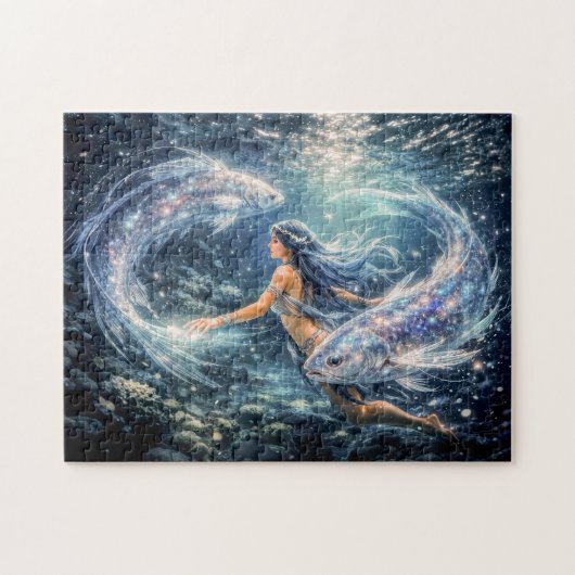 Puzzle Pisces Zodiac with Woman Surrounded by Two Glowing (Horizontal)