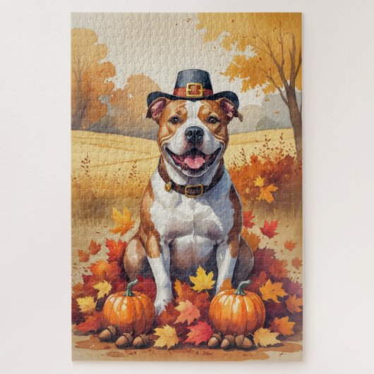Puzzle Pitbull À L'Automne Laisse L'Art Thanksgiving (Vertical)
