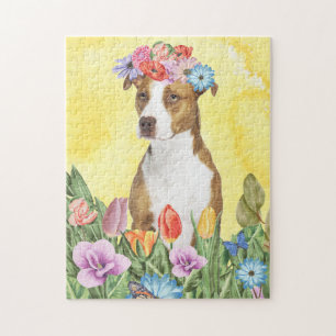 Puzzle Pitbull Chien avec Fleurs printemps