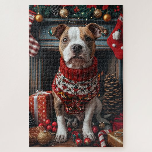 Puzzle Pitbull Chien avec les cadeaux de Noël cheminée (Vertical)