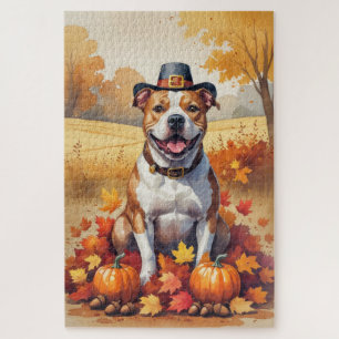 Puzzle Pitbull en automne feuilles d'art de Thanksgiving