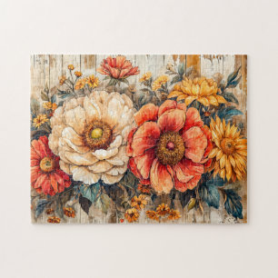 Puzzle Pivoine Crème et Zinnia Orange sur Bois