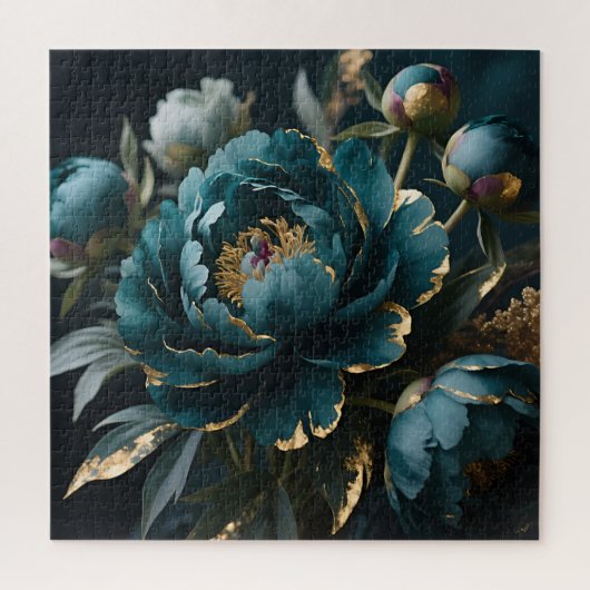 Puzzle Pivoine sarcelle or luxe floraison botanique (Vertical)