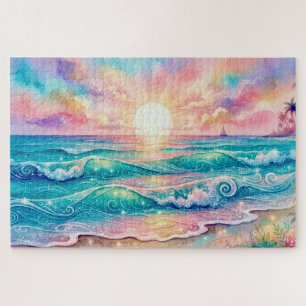 Puzzle Plage de coucher de soleil tropical océan aquarell