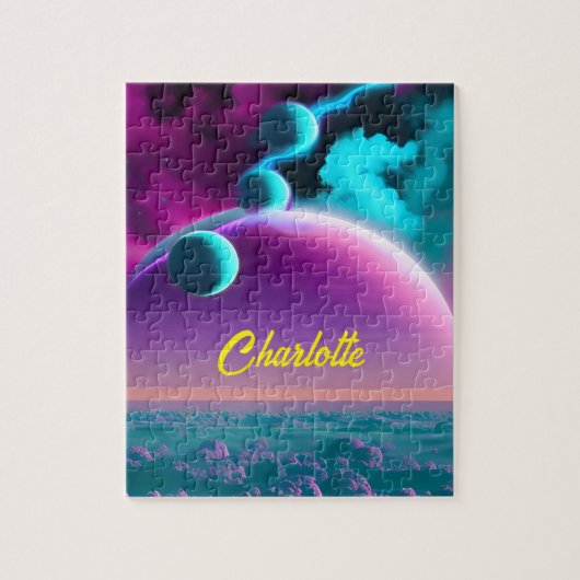 Puzzle Planètes Imaginaires Turquoise Sur Planètes Violet (Vertical)