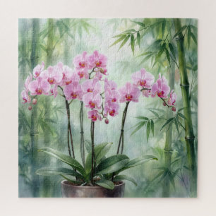 Puzzle Plante d'orchidée rose sur fond de bambou