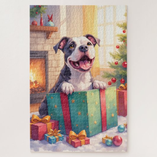 Puzzle Playful Pitbull Opening Christmas Gifts Holiday (Vertical)