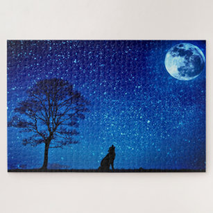 Puzzle Pleine Lune De Loup - Ciel De Nuit Bleu Avec Étoil