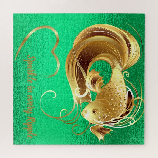 Puzzle Poisson doré sur feuille verte monogramme | (Horizontal)
