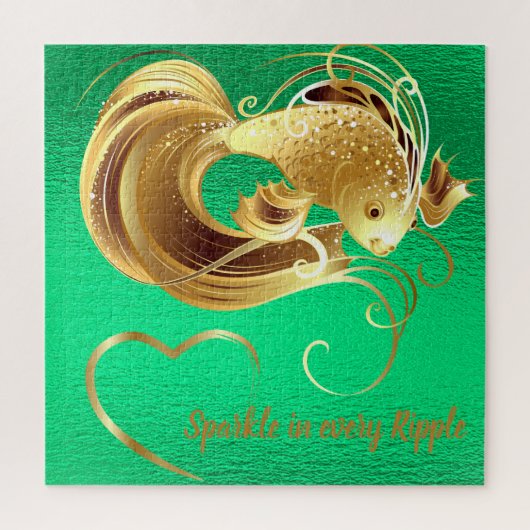 Puzzle Poisson doré sur feuille verte monogramme | (Vertical)