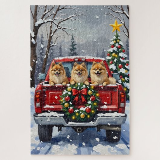 Puzzle Pomeranian Christmas Red Truck Holiday Gift (Vertical)