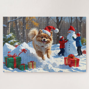 Puzzle Pomeranian courant dans la neige avec un chapeau d