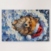 Puzzle Pomeranian Lost in a Fluff of Christmas Snow Hat (Horizontal)