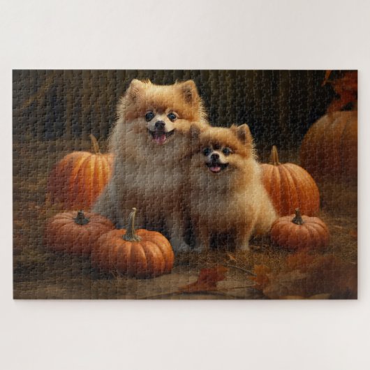Puzzle Poméranien Chiot Automne Citrouille délice (Horizontal)