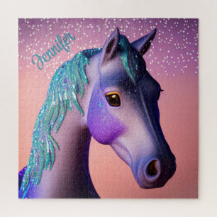 Puzzle Poney magique en violet et sarcelle avec nom perso