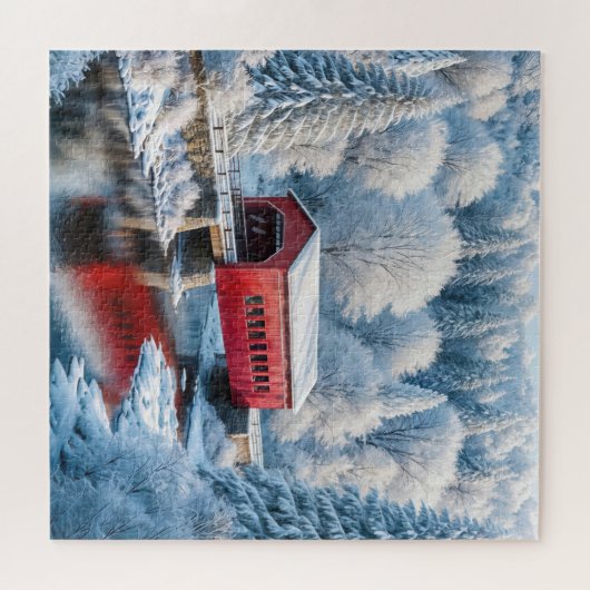Puzzle Pont Couvert Rouge En Forêt D'Hiver (Horizontal)