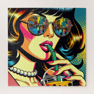 Puzzle Pop Art Bande Dessinée Belle Femme Buvant du Boba
