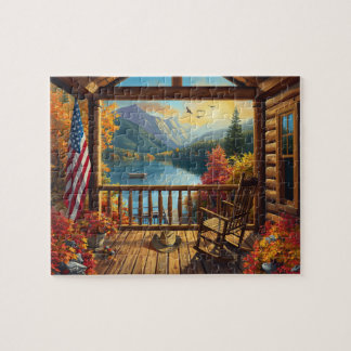 Puzzle Porche de cabane en rondins vue sur lac de montagn