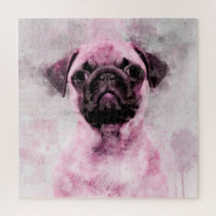 Puzzle Portrait aquarelle de chien carlin rose 02