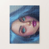 Puzzle Portrait Bleu cheveux Vert yeux sourire jeune femm (Vertical)