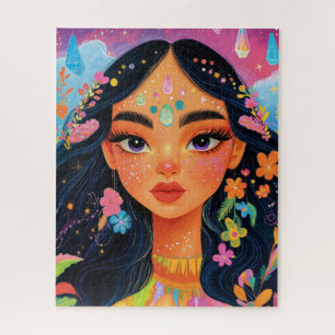 Puzzle Portrait de fille enchantée avec fleurs et cristau