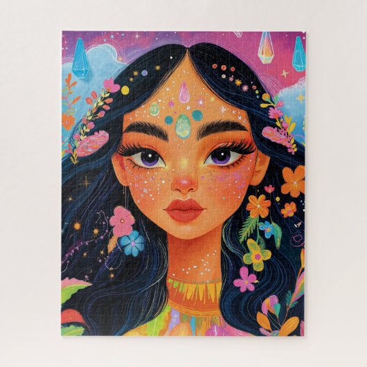 Puzzle Portrait de fille enchantée avec fleurs et cristau (Vertical)