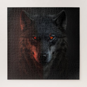 Puzzle Portrait de loup sombre aux yeux enflammés et lumi