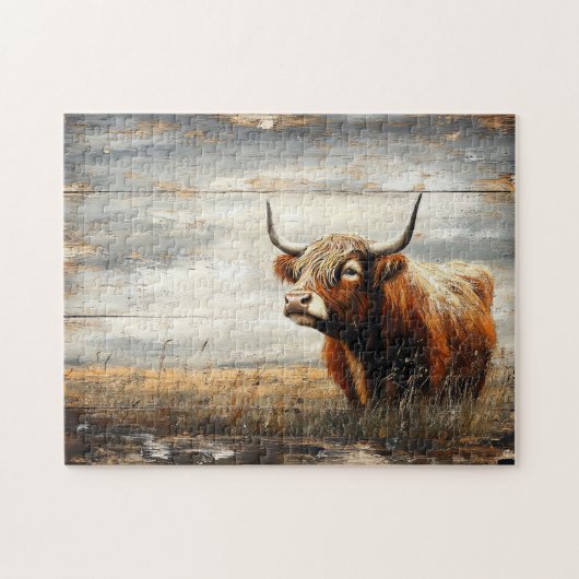 Puzzle Portrait de vache de Highland sur bois Patiné (Horizontal)
