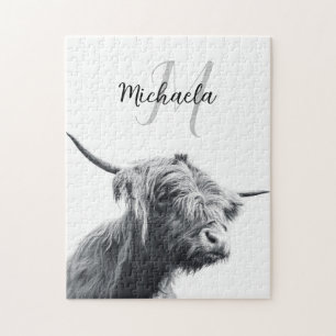 Puzzle Portrait de vache Highland premier monogramme noir