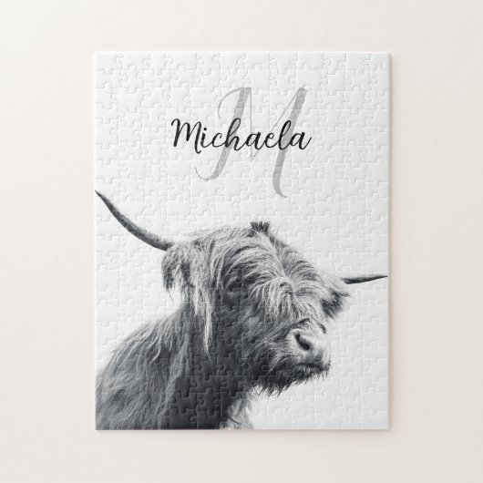 Puzzle Portrait de vache Highland premier monogramme noir (Vertical)