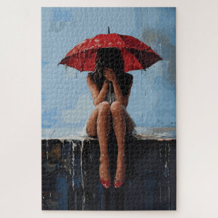 Puzzle Portrait Émotionnel Féminin avec Parapluie Rouge