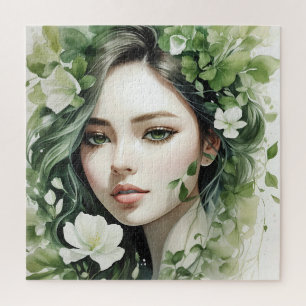 Puzzle Portrait floral vert d'une femme