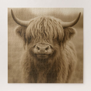 Puzzle Portrait sépia de vache des Highlands