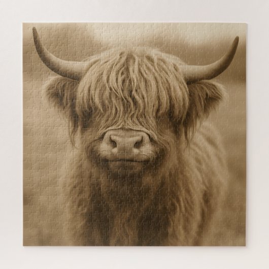 Puzzle Portrait sépia de vache des Highlands (Vertical)