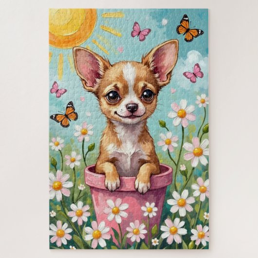 Puzzle Pot de fleurs de printemps Chihuahua Chien mignon (Vertical)