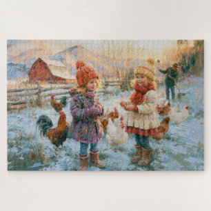 Puzzle Poules de la ferme en hiver Enfants Peinture de gr