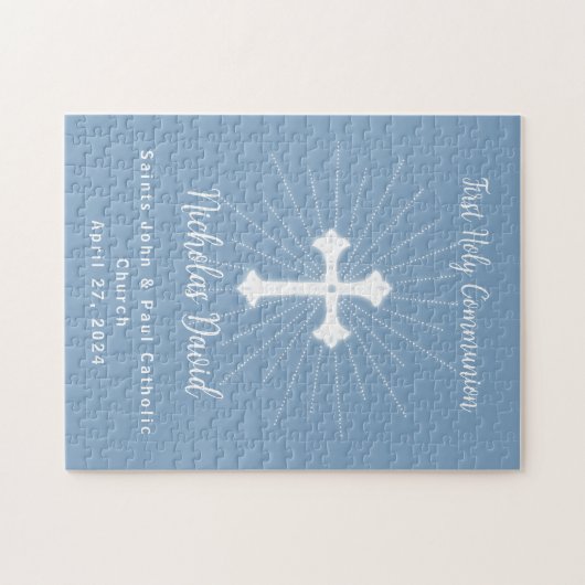 Puzzle Première communion en bleu foncé avec croix (Horizontal)