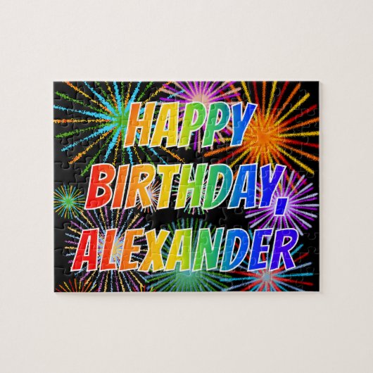 Puzzle Prénom "ALEXANDER", Fun "HEUREUX ANNIVERSAIRE" (Horizontal)