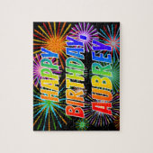 Puzzle Prénom "AUBREY", Amusant "HEUREUX ANNIVERSAIRE" (Vertical)