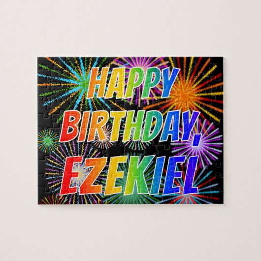 Puzzle Prénom "EZEKIEL", Amusant "HEUREUX ANNIVERSAIRE" (Horizontal)