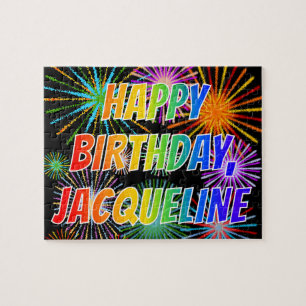 Puzzle Prénom "JACQUELINE", Fun "HEUREUX ANNIVERSAIRE"