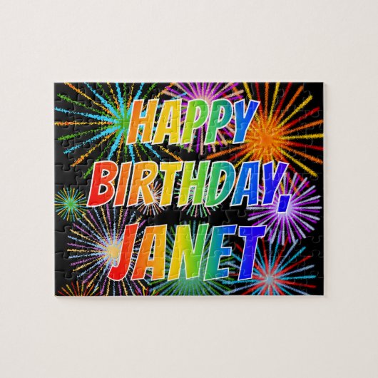 Puzzle Prénom "JANET", Amusant "HEUREUX ANNIVERSAIRE" (Horizontal)