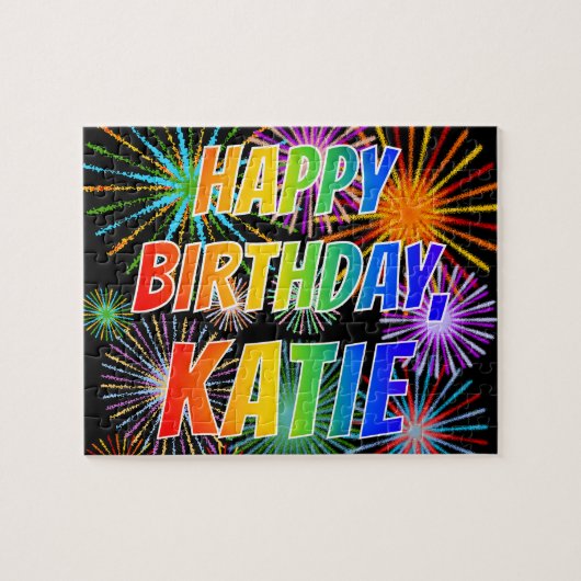 Puzzle Prénom "KATIE", Amusant "HEUREUX ANNIVERSAIRE" (Horizontal)
