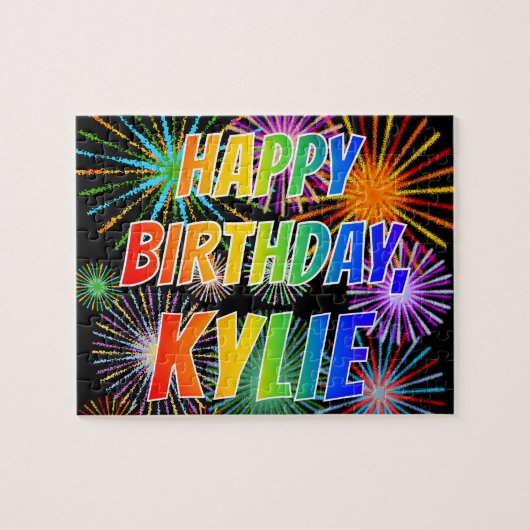 Puzzle Prénom "KYLIE", Amusant "HEUREUX ANNIVERSAIRE" (Horizontal)