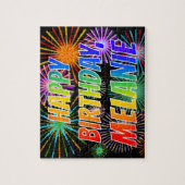 Puzzle Prénom "MELANIE", Amusant "HEUREUX ANNIVERSAIRE" (Vertical)