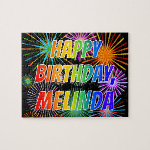 Puzzle Prénom "MELINDA", Amusant "HEUREUX ANNIVERSAIRE"