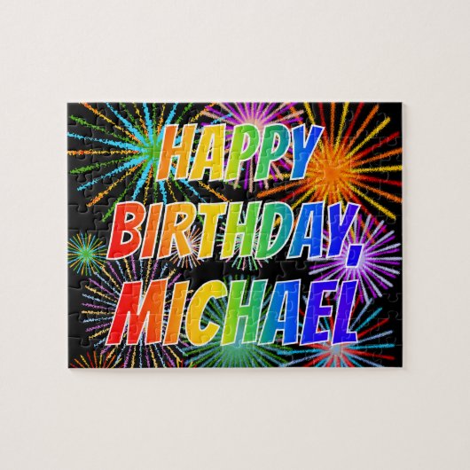 Puzzle Prénom "MICHAEL", Fun "HEUREUX ANNIVERSAIRE" (Horizontal)
