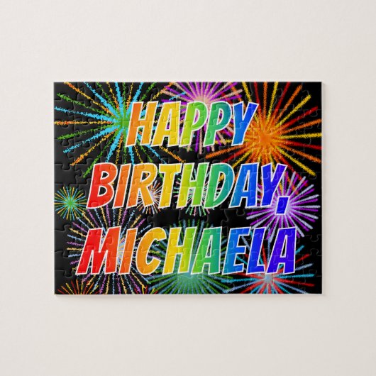 Puzzle Prénom "MICHAELA", Amusant "HEUREUX ANNIVERSAIRE" (Horizontal)
