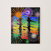 Puzzle Prénom "MILA", Amusant "HEUREUX ANNIVERSAIRE" (Vertical)