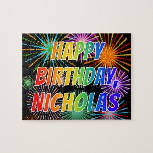 Puzzle Prénom "NICHOLAS", Amusant "HEUREUX ANNIVERSAIRE" (Horizontal)